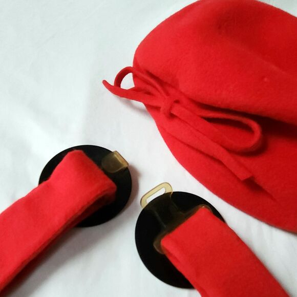 Vintage 1940s Red Wool Dress, Matching Hat, Rhinestone Belt, Women's Small - Picture 12 of 16